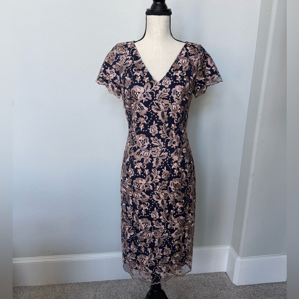 JS Collections Navy with Pink Lace Overlay Formal Short Sleeve Midi Dress